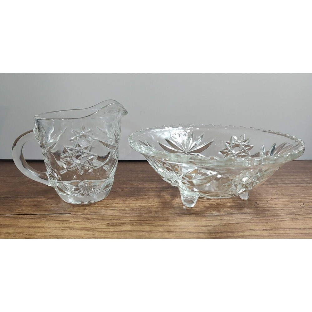 Vtg 1960's Anchor Hocking Star of David Footed Candy Bowl And Creamer Set S14